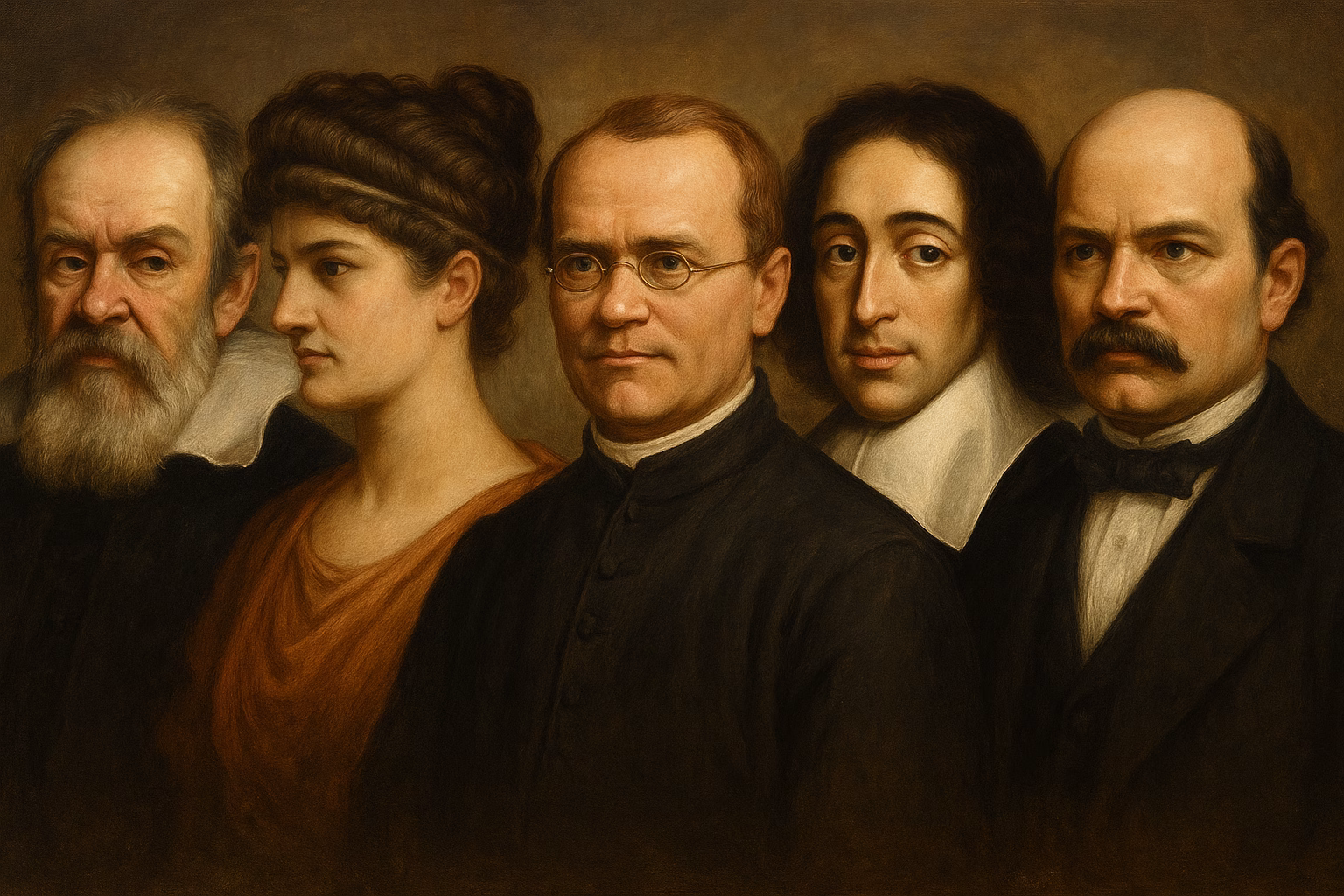 Galileo Galilei, Hypatia van Alexandrië, Gregor Mendel, Baruch Spinoza en Ignaz Semmelweis